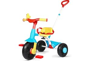 KRIDDO 2 in 1 Dreirad ab 18 Monate bis 3 Jahr, Kinder Dreirad mit verbesserten Eva-Rädern, Dreirad für Kinder als Geschenk, Dreiräder 2-3 Jahren mit Schiebestange und Enten-Klingel, Klassisch