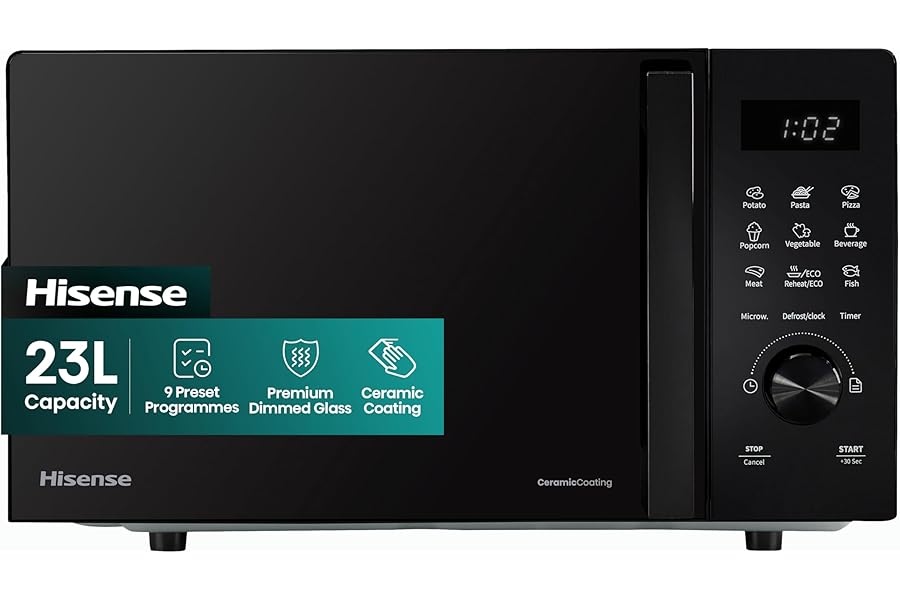 Hisense H23MOBSD1HUK 23 Litre 800W electronic Microwave with Auto Defrost, Digital Display, Smart Cook, Multi level cooking and Easy Clean- Black