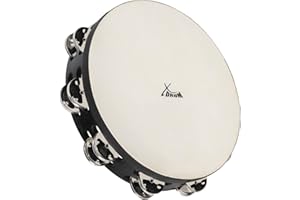 XDrum TMF10-BK Pandereta de 10" con Piel - Pandereta de 10" - 16 Pares de Platinelas de Acero Inoxidable - Doble Fila - Piel Natural Seleccionada - Marco de Madera de Arce - Mango Ergonómico - Negro