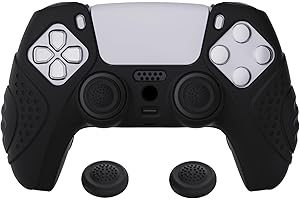eXtremeRate PlayVital Guardian Edition Black Ergonomic Soft Anti-slip Controller Silicone Case Cover for ps5, Rubber Protector Skins with Black Joystick Caps for ps5 Controller