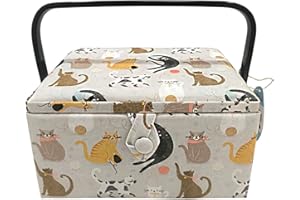 JYC CREATIVE Medium Wooden Sewing Box Fabric Lined 8 Compartments Organiser with Needle Compartment Storage Box with Handle and Tray (Sewing, Medium)