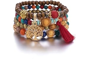 Branets Bohemian Wood Beaded Bracelets for Women Multilayer Stretch Tassel Bracelets Set Tree of Life Charm Love Statement Bangles for Girls