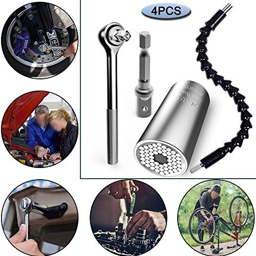 Universal Socket Metric Wrench Power Drill Adapter Socket(7-19mm), Flexible Extention Screwdriver Drill Bit Holder(290mm), Professional Repair Tools by GIAGY, 4 Pieces Set