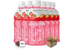 Mogu Mogu Flavored Drinks 24x320ml, STRAWBERRY - Nata De Coco Juice - Refreshing Taste - Fun Drinking During Hot Summers Or Take Them On Trips & Picnics Boxed Treatz