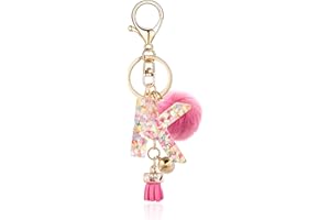 QUKE Alphabet Initial Letter Keychain for Women Girls Resin Keyring for Purse School Bag With Fur Ball Pom
