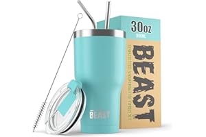 GREENS STEEL BEAST Termo Café para Llevar - 900ml I Azul Aguamarina I Taza Térmica de Acero Inoxidable Reusable I Taza Viajera de Doble Pared al Vacío I 2 Pajitas y Cepillo de Limpieza