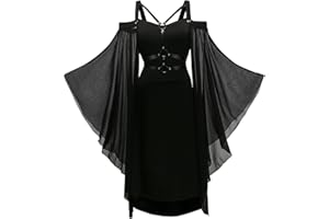 YRTBGD Gothic Kleid Damen Vintage Schwarz Mittelalterliches Kleid mit Trompetenärmeln Gebundene Taille Kleid Halloween Karneval Kostüm für Frauen