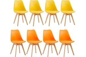 EGGREE Lot de 8 Chaises Salle à Manger Scandinaves SGS Tested, Chaises de Cuisine Rembourrée Rétro avec Pieds en Bois de Hêtre, Melange de Couleurs 4 Jaune + 4 Orange