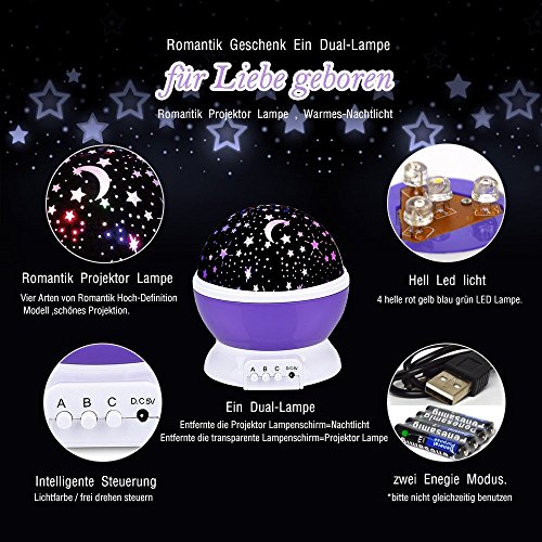 Sun und Stern Stimmung Lichtprojektor Beleuchtung Lampe 4 LED Perlen 360 Grad Romantische Lamp entspannende Nachlicht für Baby.Kinderzimmer Schlafzimmer lila von WEINAS - 3
