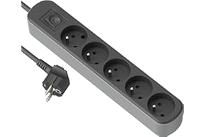 Electraline 32023 Bloc Multiprise Prima 5 Prises 16A avec Interrupteur, Câble H05VV-F Section 3G1.5mm² Longueur 3M, Noir/Gris