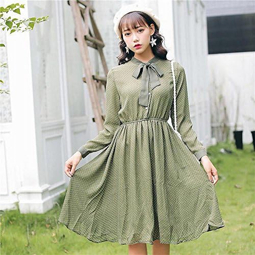 Y dress Autumn and Winter Bow Tie with Wave Point Chiffon Long Sleeves Dress Female,ArmyGreen,M