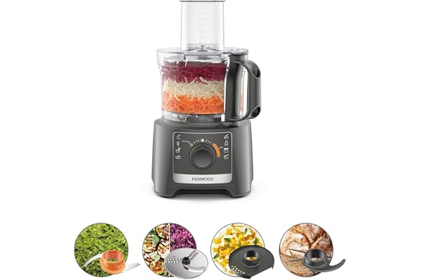Kenwood Multipro Compact FDP31.020GY Modèle 2023, robot hachoir de cuisine avec 2 vitesses d'usinage + Pulse, bol de 2,1 L, coupe-légumes électrique pour hacher, râper et pétrir, 800 W