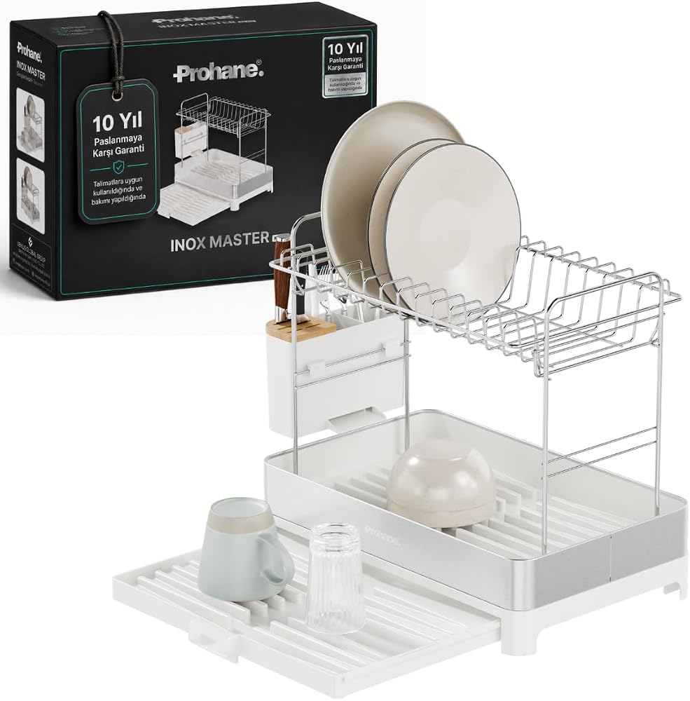Prohane INOX MASTER KD410 | Genişletilebilir 2 Katlı Bulaşıklık | 304 Paslanmaz Çelik | Su Tahliyeli Tezgah Üstü Kurutmalık