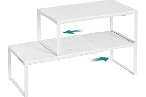 SONGMICS Scaffali Portaspezie, Estensibili, Set di 2 Organizzatori da Cucina, Scaffali da Cucina Piccoli, Organizzatori per Armadio, Metallo, Scarpiere, Bianco Opaco KCS402W01