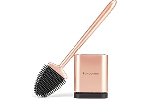 Fowooyeen Brosse WC Silicone, Brosse de Toilette Silicone et Support, Balayette WC Suspendu Plate à Séchage Rapide avec Manche Long, Balai Toilette Salle de Bain, Autoportant/Mural, Or Rose Mat