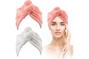 nuoshen 2 Pcs Serviette Microfibre Cheveux, Cheveux Serviette de Séchage pour Cheveux avec Boutons, Super Absorbant Cheveux Séchage Serviettes Secs Rapidement pour Femmes Filles 65 x 25cm