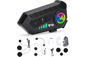 HISUEKIG 5.3 Écouteurs Casque Intercom de Moto, Kit Bluetooth Main Libre Moto sans Fil, Port Charge Type C, Réponse Automatique et Annulation Double Bruit