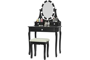 Giantex Tocador con Espejo Giratorio con 10 LED y Taburete, Juego de Muebles de Maquillaje con 3 Cajones, Capacidad de 50 kg, 75 x 40 x 193 cm (Negro)