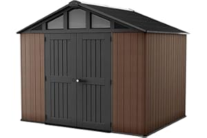 KETER Stronghold 10x8 Gartenhaus braun - Gerätehaus mit 7,1 m² Grundfläche, 6 Fenstern, Doppeltüren, stahlverstärkt, Holzoptik, inkl. Fußboden, 305 x 243 x 251 cm
