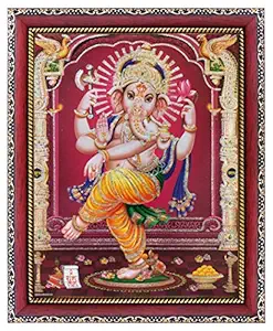 KHANNA Ganesh/ganpati ji Dancing Photo Frame for Wall Hanging/Gift/Temple/puja Room/Home Decor Golden Frame with Acrylic Sheet (Glass) for Worship