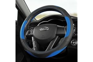 Pahajim Car Steering Wheel Covers Leather,Universal 15 Inch Breathable Anti-Slip,Anti Skid Thin Soft Microfiber Leather Car Accessories Interior (black-blue)