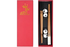 LHOEST Juego de 2 pares de palillos de sushi con diseño de gato panda, palillos chinos japoneses coreanos de madera, palillos chopsticks para comer, apto para lavavajillas, con base de cerámica,