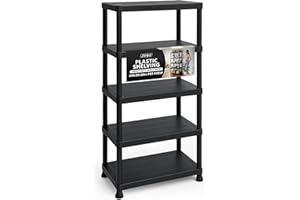 ZENO Plastic Shelving Unit 5 Tier | Storage Shelves 100KG Total Load Capacity | Plastic Shelving for Home Garage, Kitchen, Shed and Workshop | Heavy Duty Stable Frame | Easy Tool Free Assembly