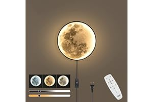 ‎OOWOKS 18W LED Wandleuchte Kinderzimmer mit Schalter und Stecker, 3D Mond Wandlampe Kinder Dimmbar Nachttischlampe mit Kabel Nachtlicht mit Fernbedienung Schlafzimmer Wandbeleuchtung für Innen Deko Licht