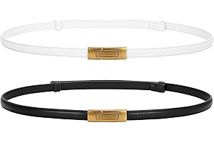 LEACOOLKEY 2 Pack Women Skinny Belts Leather Thin Waist Belts for Dress trousers Ladies Belts with Gold Buckle