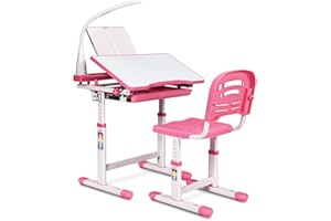 COSTWAY Escritorio para Niños con Lámpara Silla Mesa de Dibujar Lectura para Infantil Ángulo y Altura Ajustable (Rosa)
