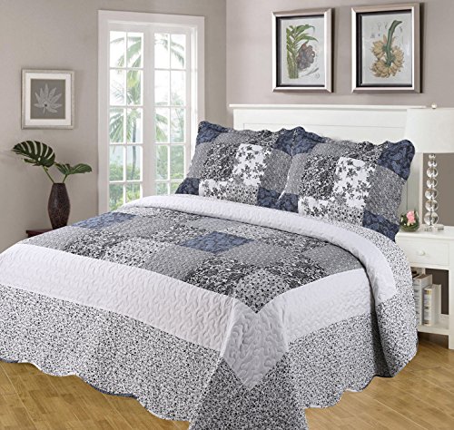 King Size Bed Marie Bedspread Set, Throw Over & Pillow Shams, Quilted Multi Scalloped Edge, Patchwor