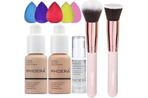 HILARECO PHOERA Fond de Teint Couvrant Et Face Primer Liquide Couverture Complète Foundation Correcteur,Pinceaux Fond de Teint Et Pinceau Poudre,5 Éponges de maquillage (102 Nude + 103 Warm peach)