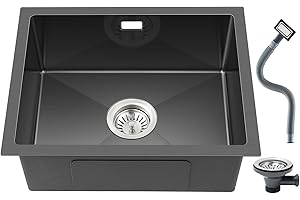 ROVOGO 40 x 50 cm Schwarze Spülbecken, Küchenspüle mit Siebkorbventil und Überlauf, Edelstahl Spüle Küche Handgefertigte, Einbauspüle 1 Becken Rechteckig