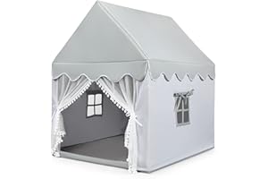 COSTWAY Tente de Jeux Enfant Intérieur Extérieur avec Tapis Antidérapant, Maison de Jeu en Château de Style Princesse en Coton, Cadre en Bois, 120 x 105 x 140 cm, Cadeau pour 4 Garçons et Filles