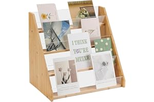 UNICRAFTALE Expositor de acrílico y bambú de 4 niveles para tarjetas de felicitación, postales, pegatinas de mostrador, marcadores de mesa