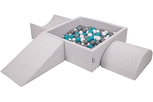KiddyMoon Foam Playground For Kids With Square Ballpit (300 Balls ∅ 7Cm/2.75In) Soft Obstacles Course And Ball Pool, Made In The EU, Lightgrey:Grey/White/Turquoise