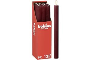 Bolsius - Velas rústicas - Rojo burdeos - 9 unidades - 27 x 2,3 cm - Duración de combustión 13 horas - Sin perfume - Cera vegetal natural - Sin aceite de palma