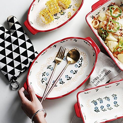 Baking Dish Roasting Lasagna Pan - Dishwasher &amp; Microwave Safe - Lovely Hand-painted Cherry Pattern Ceramic Oval Roasting Tray Cookware with Handles - 25.8 x14.7 x 5.5 cm- Best Gift for Women Daily Use By BANFANG (big oval)