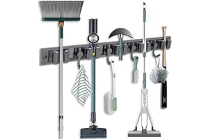 AIRMINTI Accroche Balai Mural, Porte Balais Mural 2 Pièces avec 5 Emplacements et 4 Crochets, Support Balais Mural Amovible Acier Inoxydable, Porte Balais Mural sans Percage Pour Jardin (1, Gris)