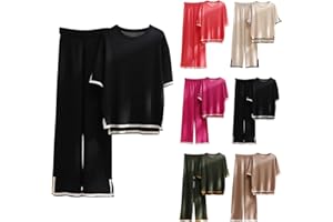 KUIH Co Ord Sets for Women 2 Piece Outfits Women Sales Sweater Sets 2 Piece Lounge Sets Silk Feel Oversized Casual Short Sleeve Knit Pullover Tops Wide Leg Pants Tracksuit Homewear Elegant Trousers Sets