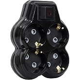 4l&uuml; Anahtarlı Golyat, D&ouml;rtl&uuml; Topraklı Priz &Ccedil;oklayıcı Fiş, Siyah renk, 16A 250 Volt, Max 3600 Watt