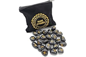 ‎PURAJA PURAJA Runensteine Set: Schwarzer Achat | Mit Elder Futhark Alphabet | 25 Achat Edelsteine im Samtbeutel | Magisches Runen Set