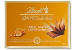Lindt Swiss Thins chocolate con Leche y Naranja, laminas de chocolate extrafinas, chocolate negro fino, 125G