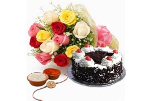 EG2i 500gm Black Forest Cake and 12 Mixed Roses with 1 Rakhi | Real Flower Bouquet with Gift Combo for Brother, Bhabhi and Sister For Raksha Bandhan