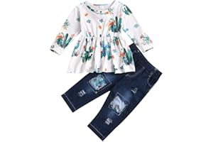 VERVE JELLY Enfant en Bas âge Enfants Filles Jeans Tenues Imprimé Floral Robe À Manches Longues Top + Pantalon en Denim Déchiré 2 Pcs Automne Hiver Vêtements