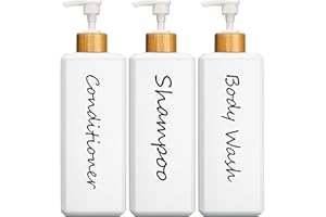 GMISUN Shampoo and Conditioner Dispenser, Refillable White Shampoo and Conditioner Bottles with Bamboo Pump, Modern Bathroom Shower Bottles Set for Shampoo Conditioner Body Wash, 3 Pack