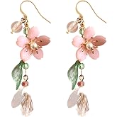 LAKIYOYO Pink Flower Dangle Earrings for Women Cute Pearl Leaf Sakura Leaf Earrings Fairy Statement Summer Refreshing Seaside