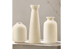 VIVIDFLOW Ceramic Vase Set, 3 Piece, Small Boho Style, White (Beige)