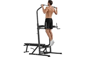 HOMCOM Pull Up Station with Adjustable Weight Bench, Dip Station and Barbell Rack, Multi-Function Power Tower Free Standing Pull Up Bar for Home Gym