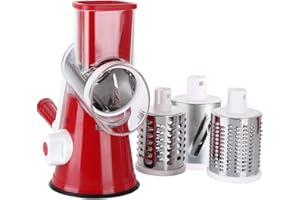 Ourokhome Vegetable Mandoline Slicer Chopper- Rotary Cheese Grater with 3 Interchangeable Ultra Sharp Cylinders Stainless Steel Blades（Red）
